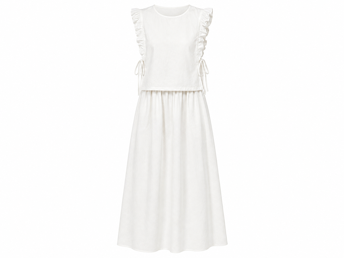Women’s White Ruffle Wrap Top & Flowy Midi Skirt Set