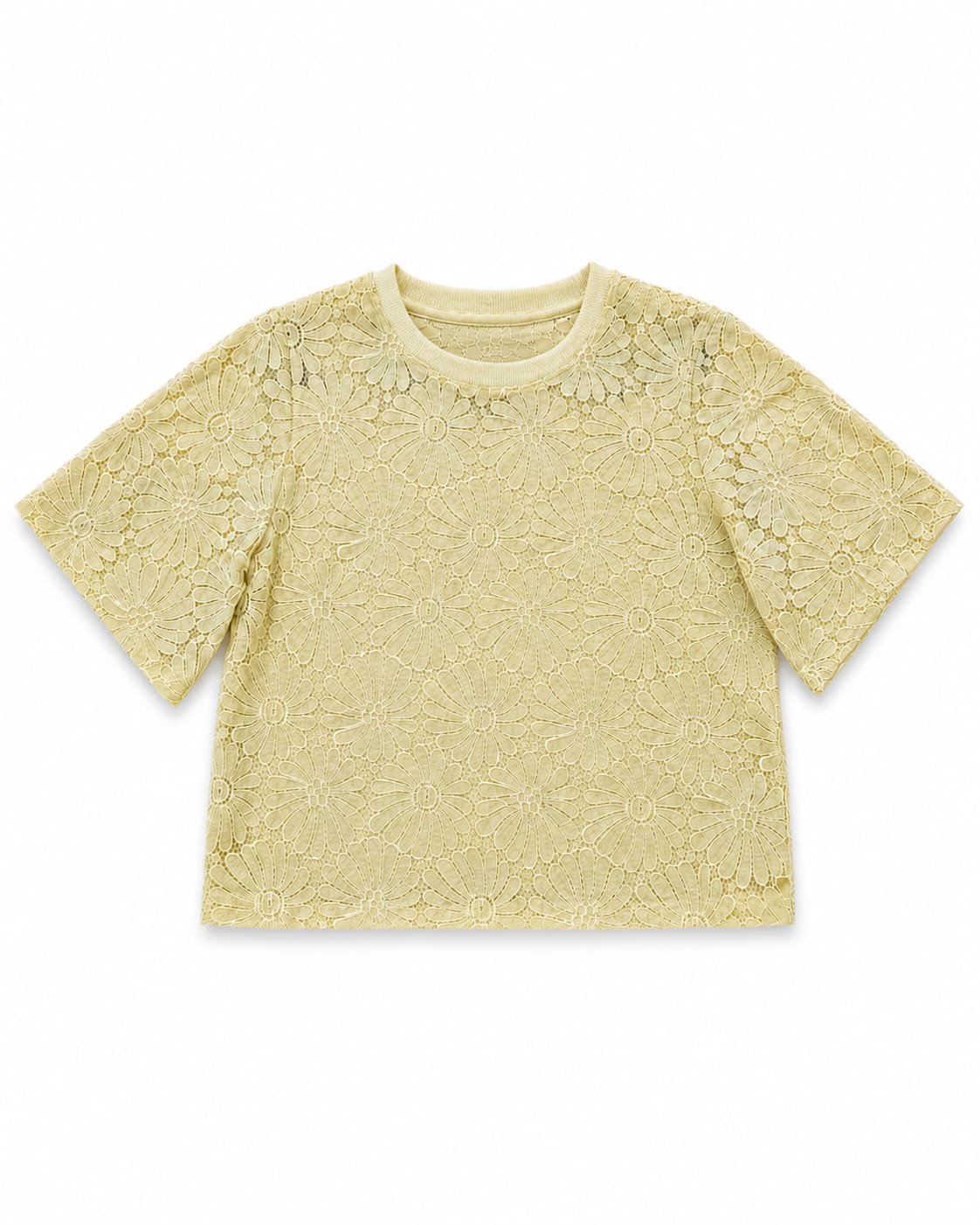 Pastel Yellow Floral Lace Short-Sleeve Top