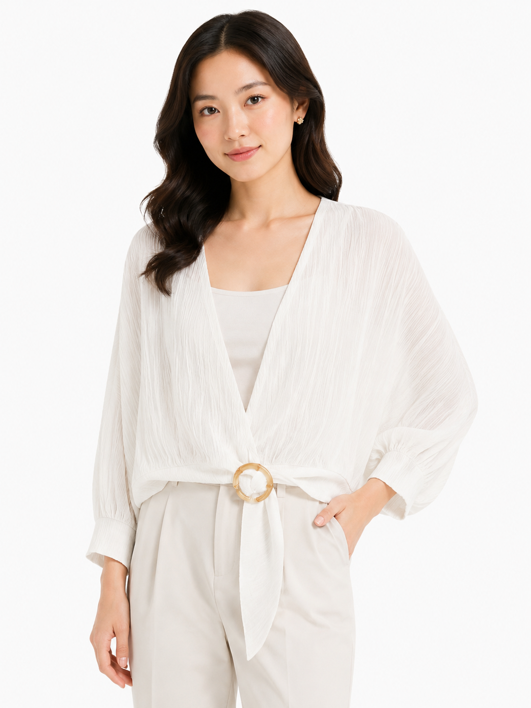 Women textured tie-front crop top