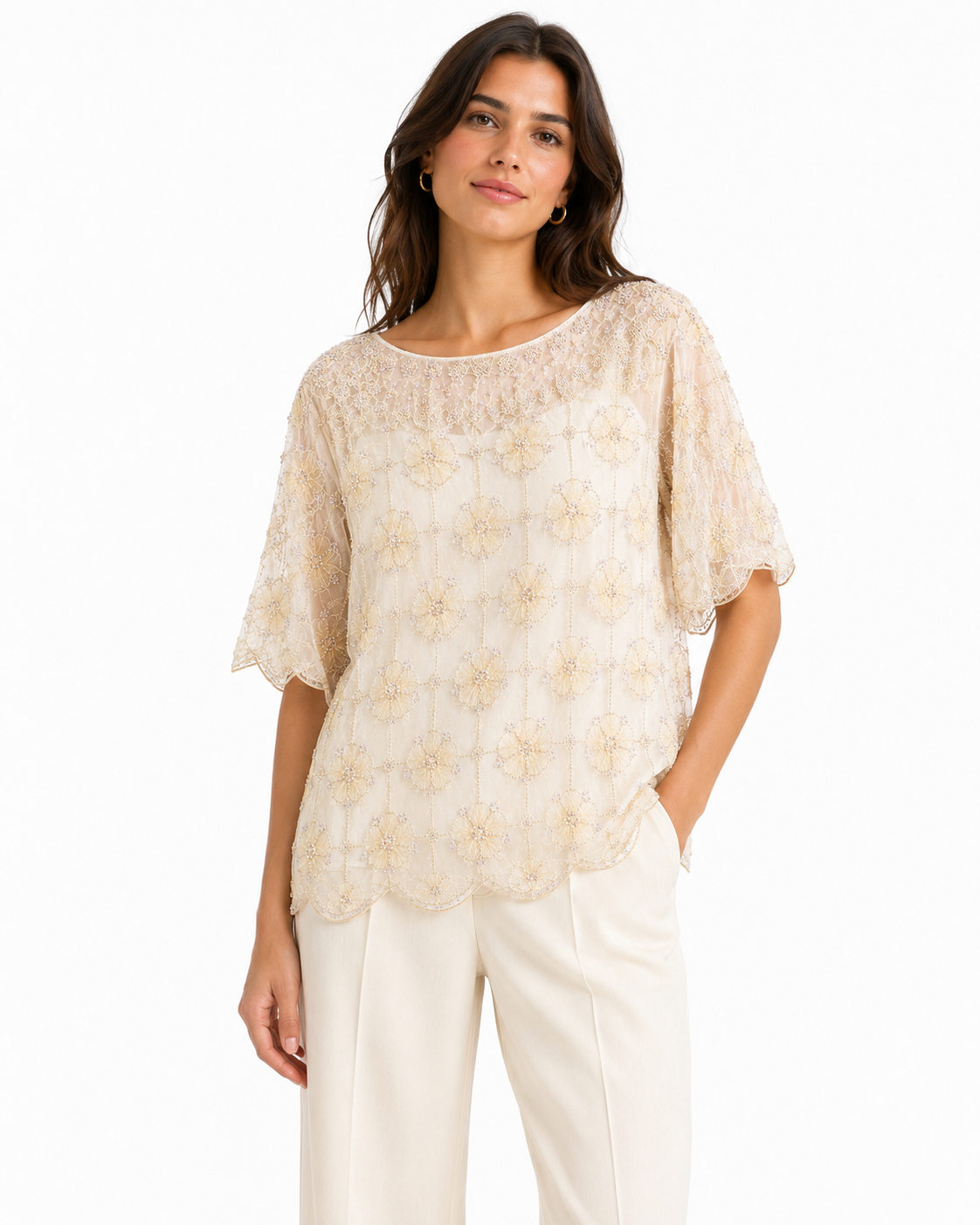 Women embellished floral mesh blouse-champagne beige