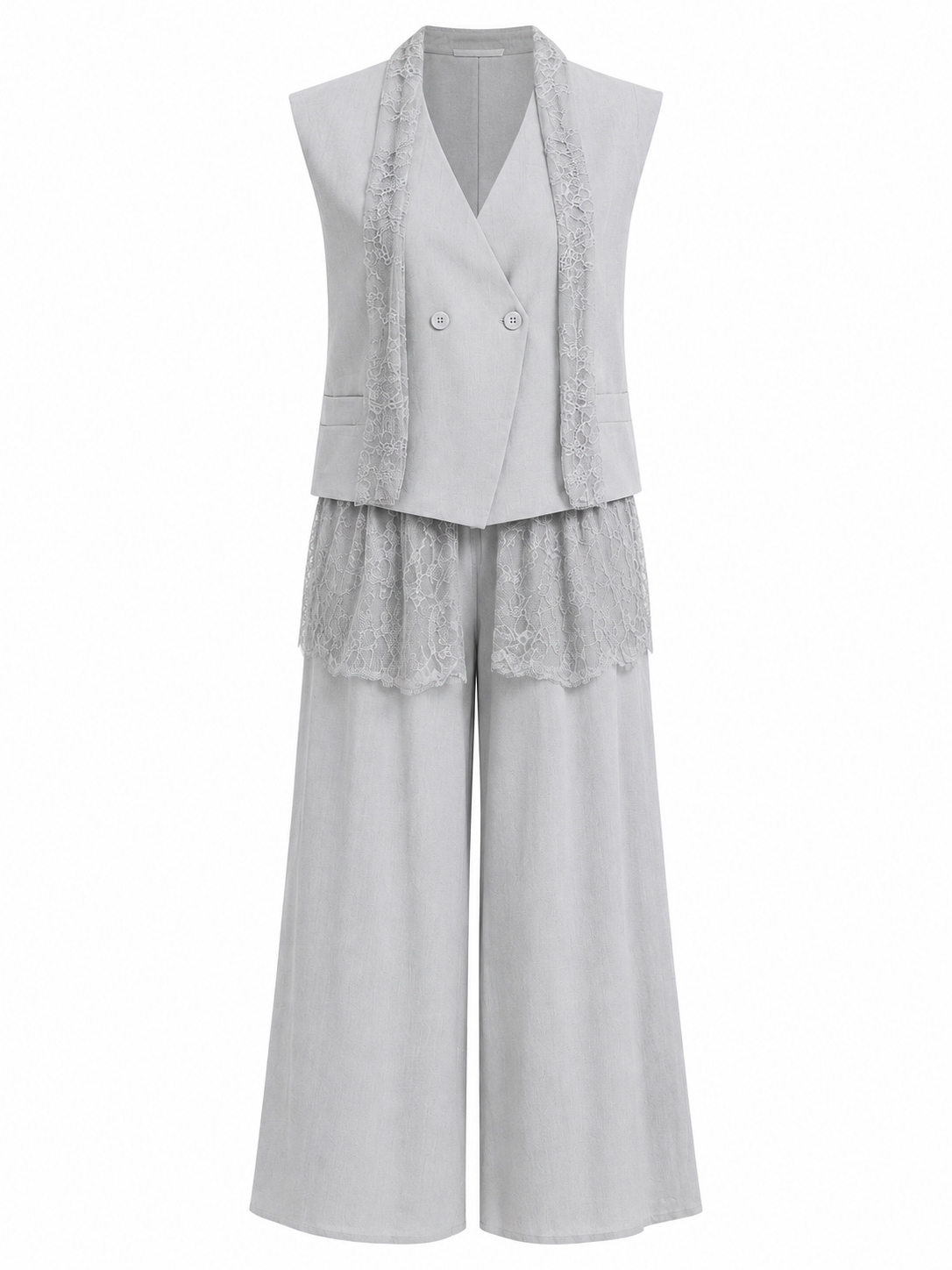 Women’s Light Gray Lace Vest & Wide-Leg Pants Set