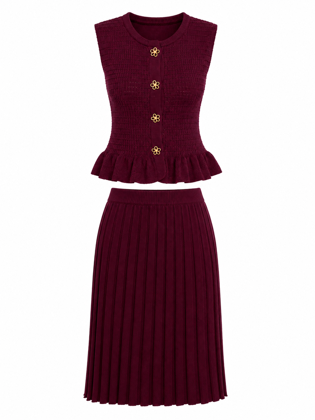 Burgundy knit peplum top& pleated skirt set