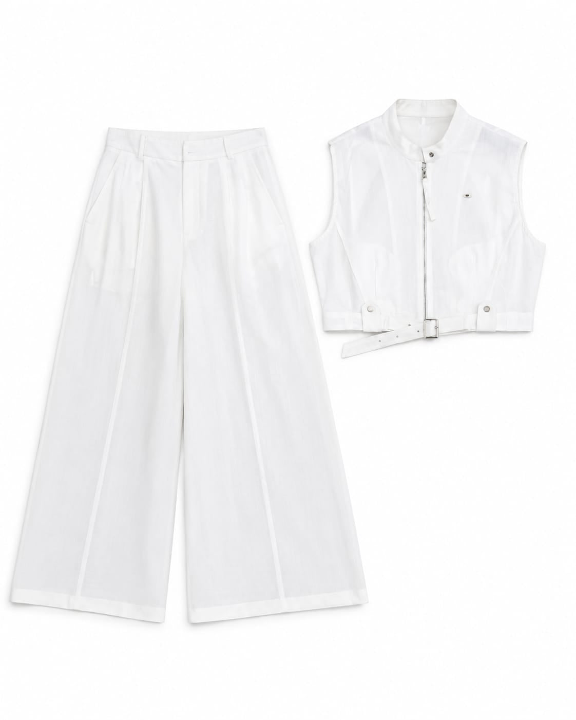 White Cropped Utility Vest & Wide-Leg Trouser Set