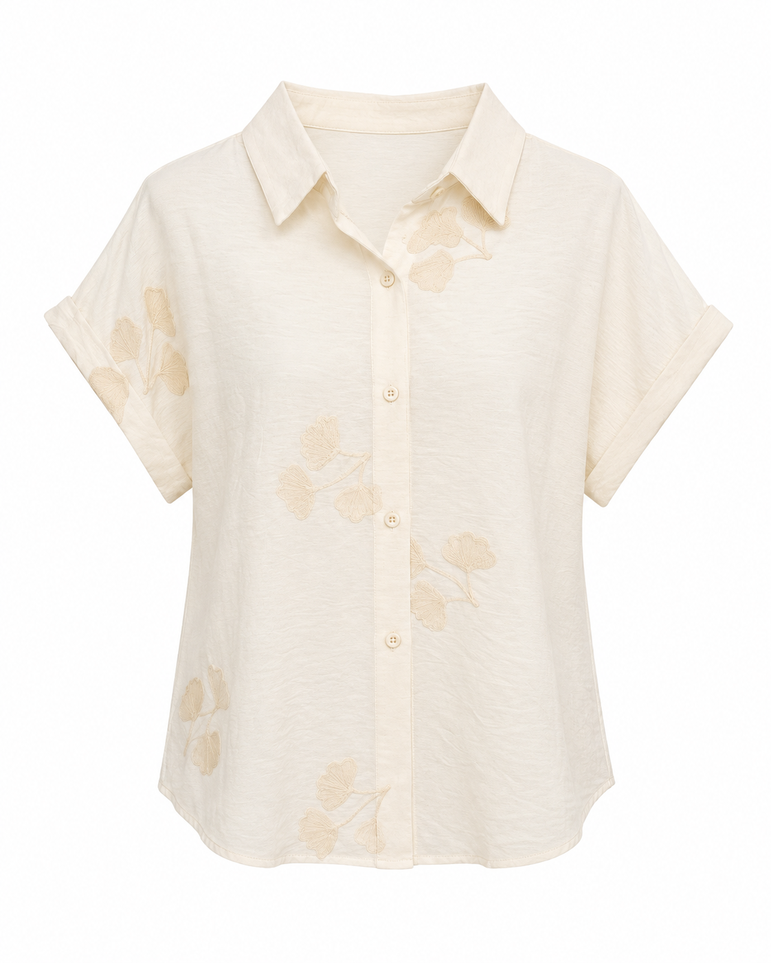 Ivory embroidered floral button-up shirt