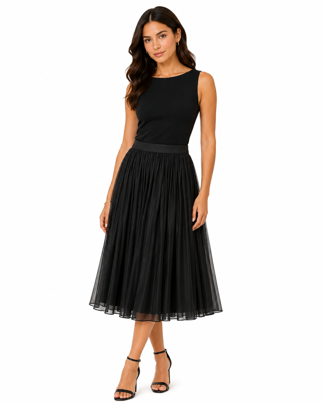 Women’s Black Pleated Chiffon Midi Skirt
