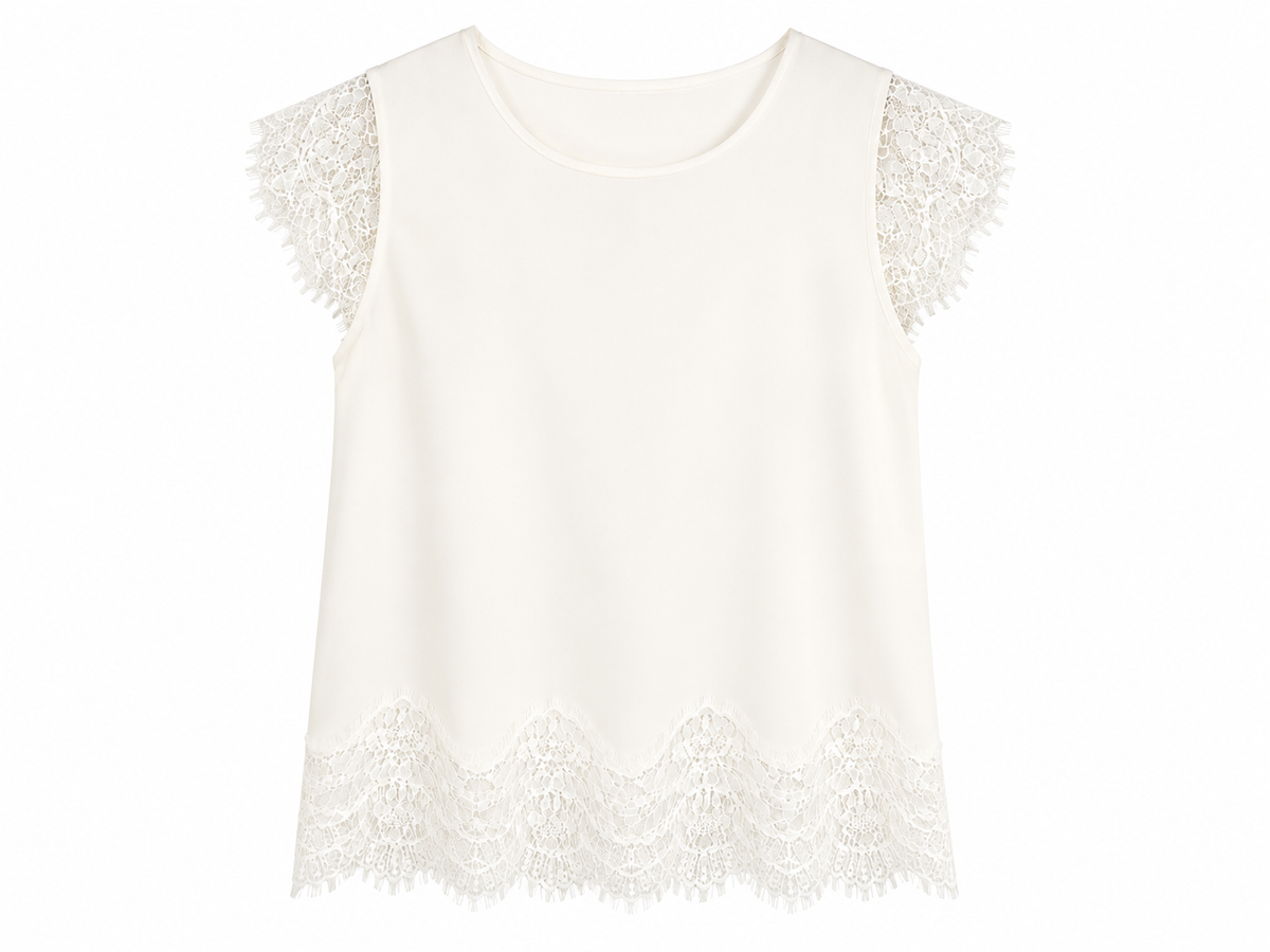 Ivory lace trim cap sleeve blouse
