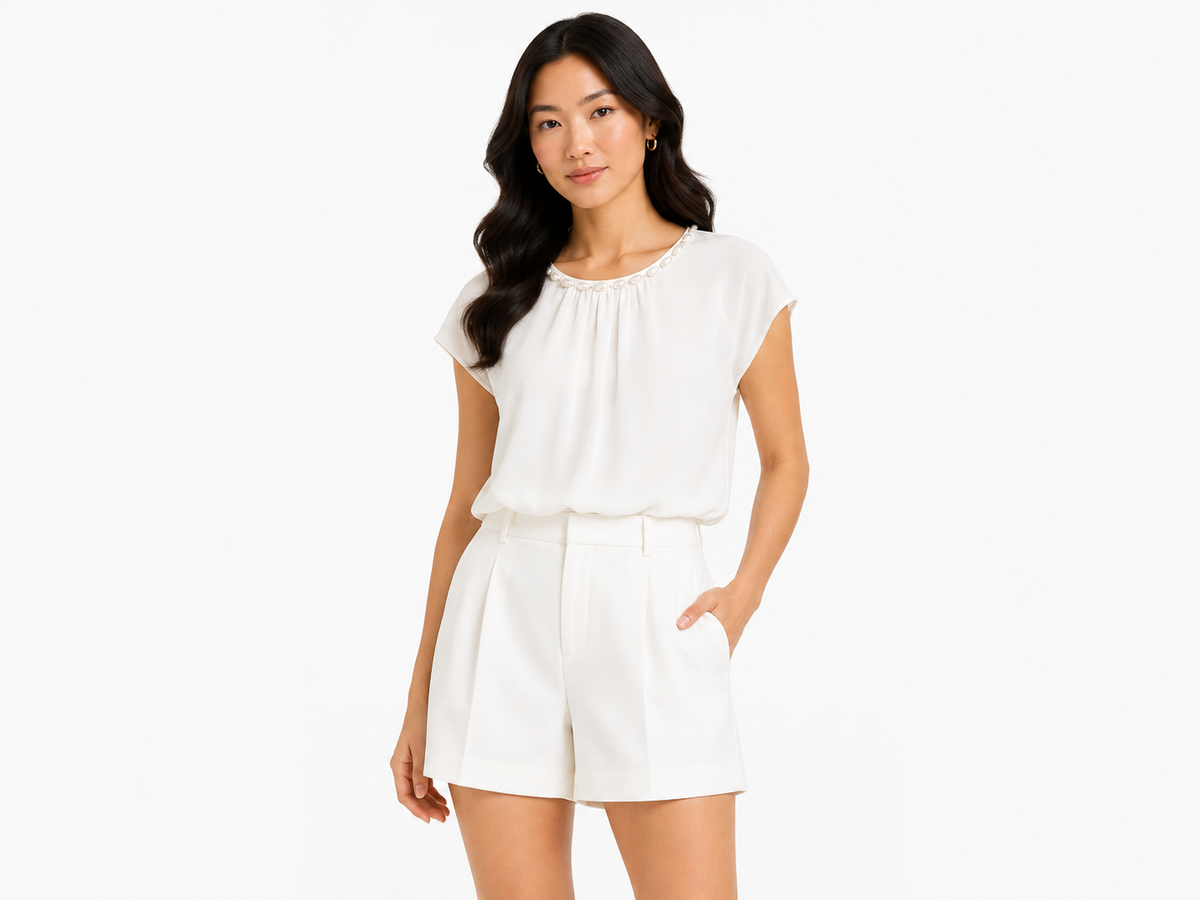 Elegant pearl trim chiffon blouse