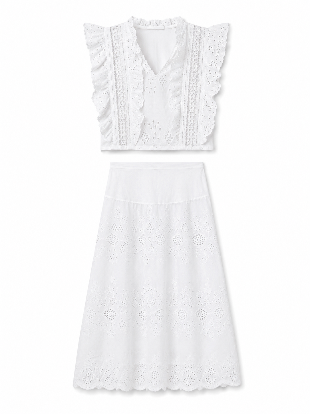 Women’s White Eyelet Lace Blouse & Midi Skirt Set