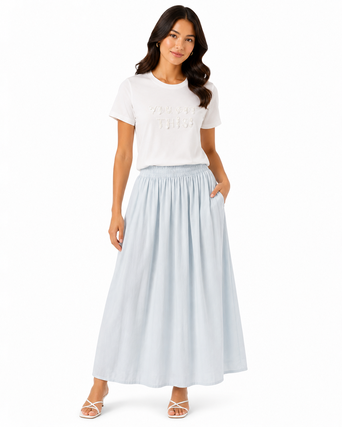 Women light blue elastic waist maxi skirt