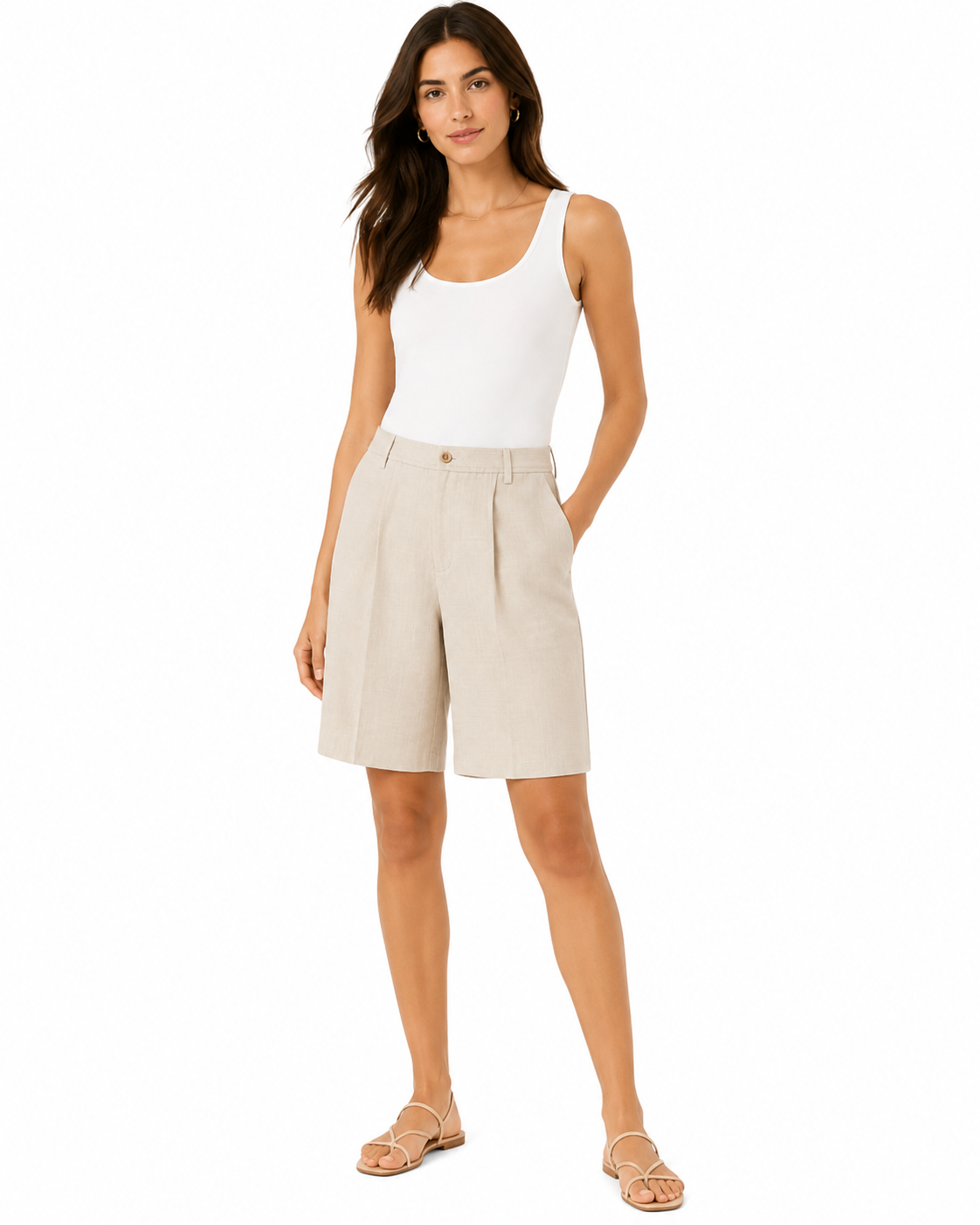 Women’s Beige Tailored Linen Bermuda Shorts