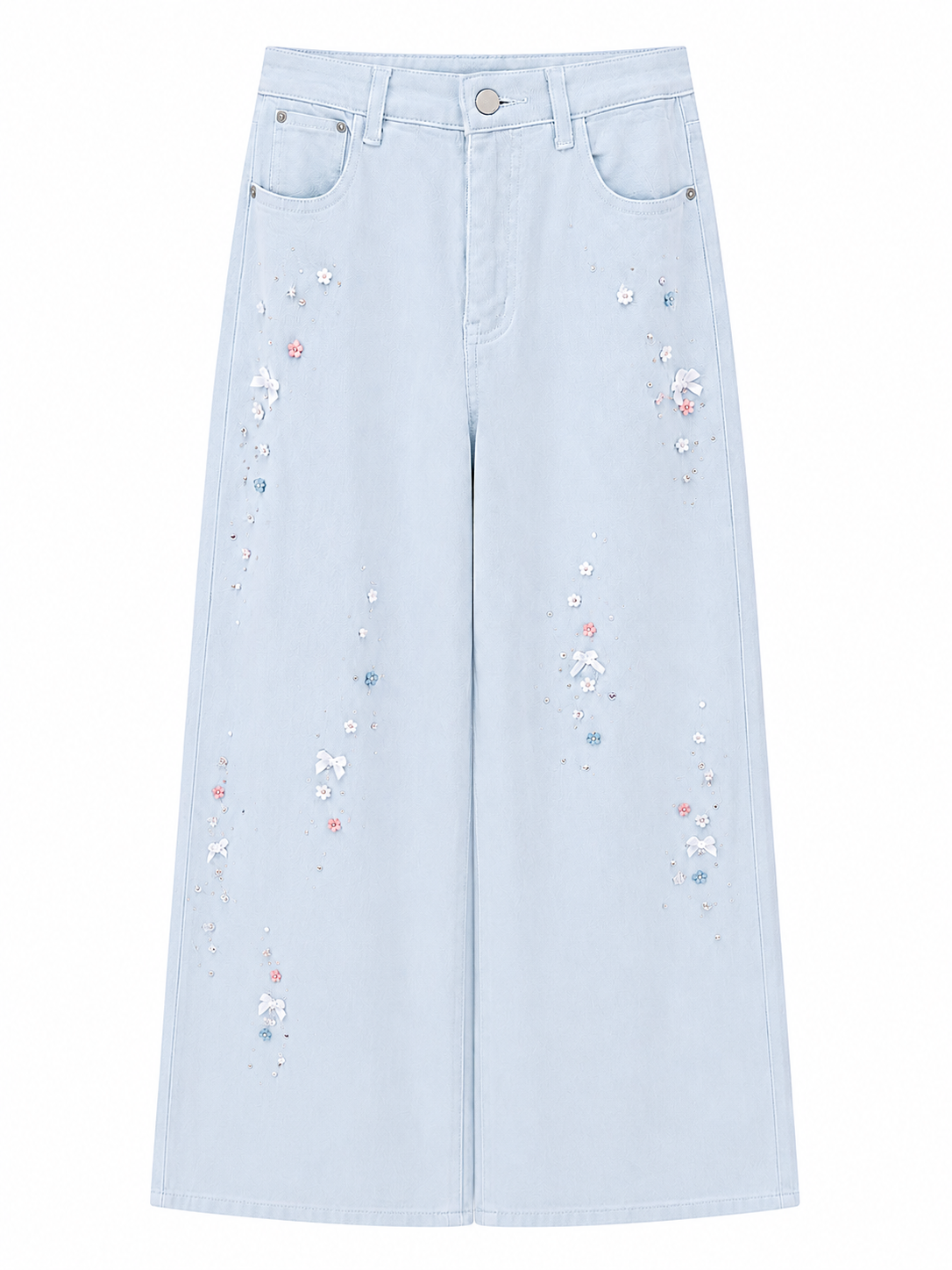 Embellished wide-leg denim pants-light blue