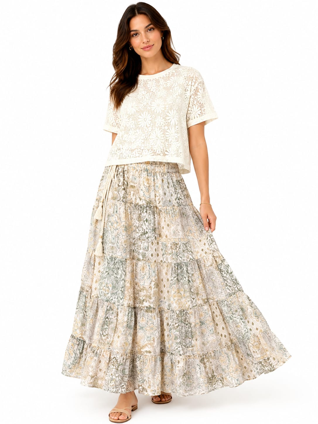 Ivory Bohemian Printed Tiered Maxi Skirt