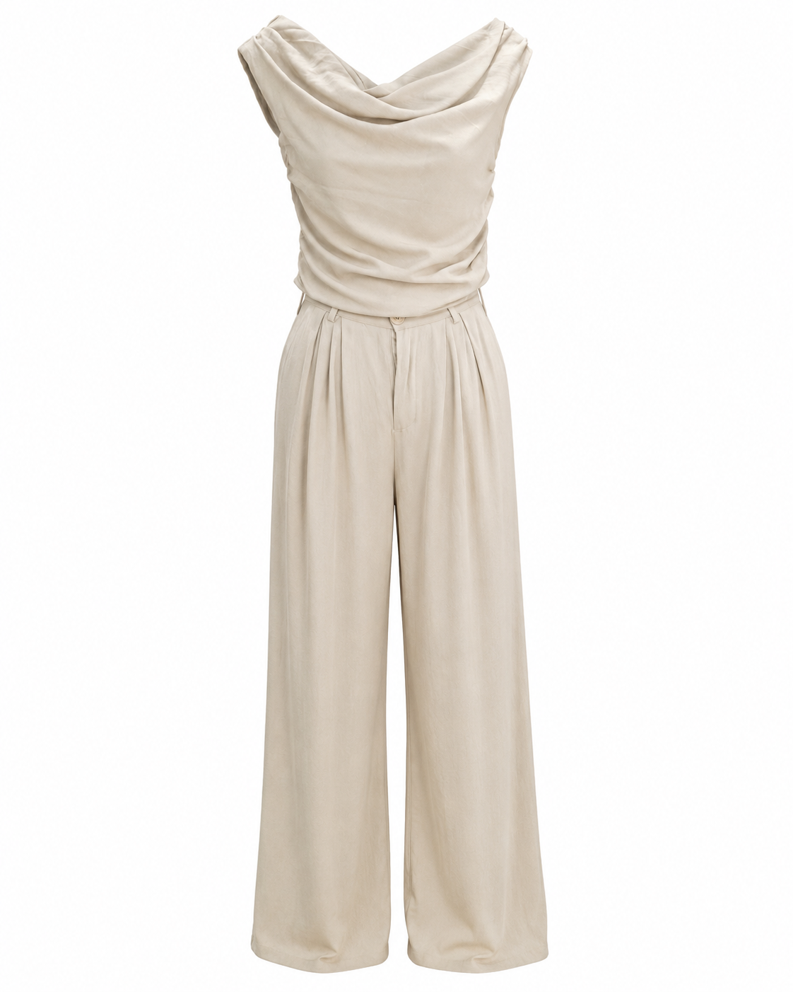 Beige cowl-neck top& wide-leg pants set