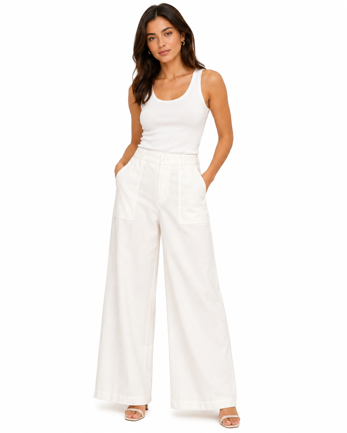 Women’s White Wide-Leg Trousers with Front Pockets