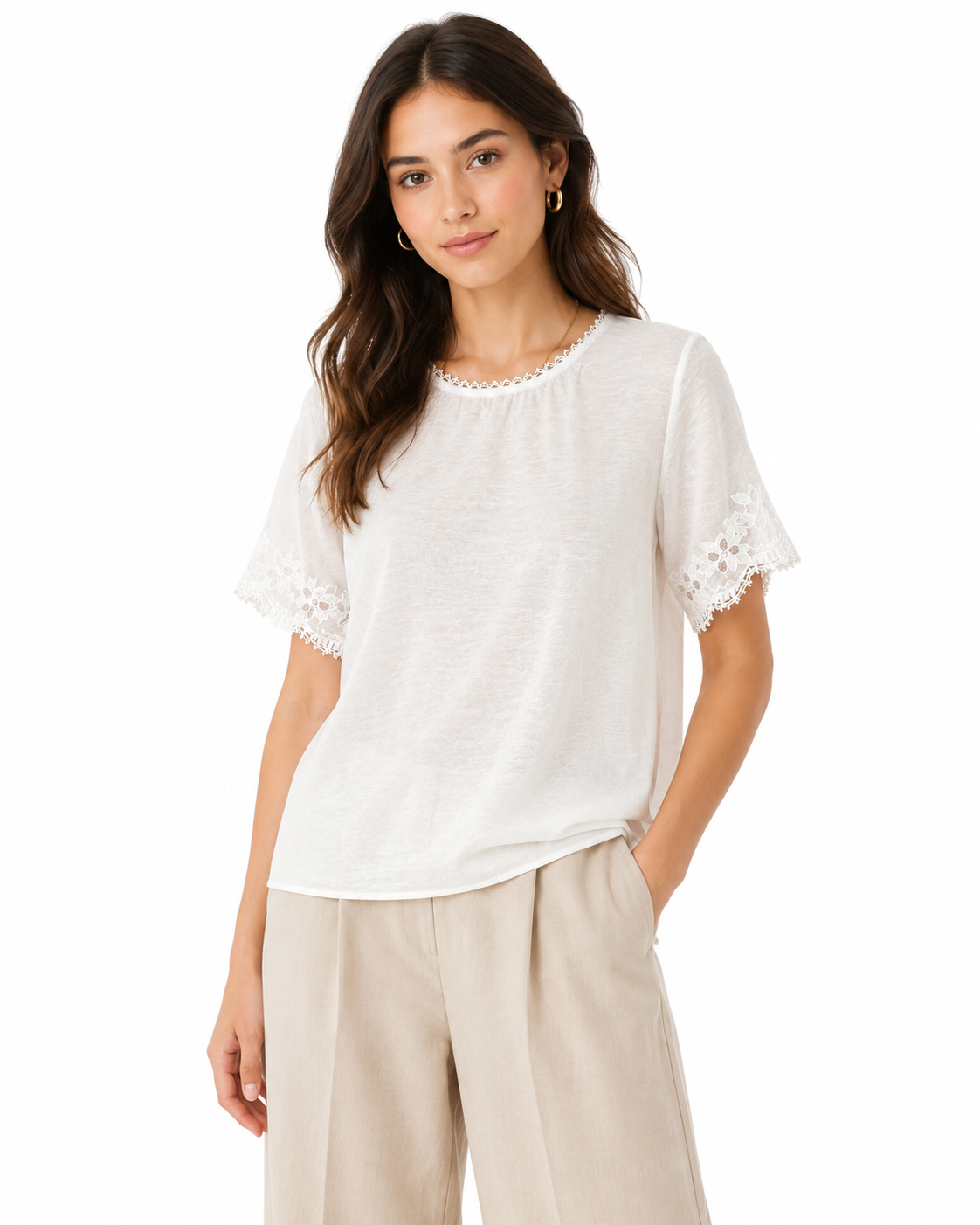 Women’s White Lace-Trim Short-Sleeve Blouse