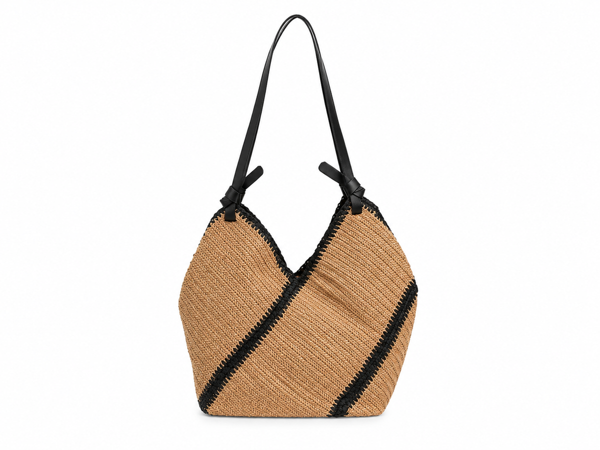 Contrast trim woven shoulder tote bag