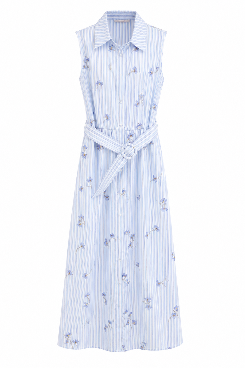 Sky blue floral stripe belted shirt midi dress