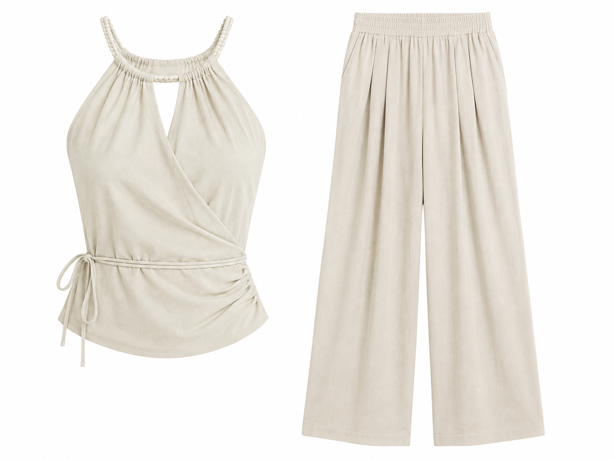 Pearl neck halter top& wide-leg pants set