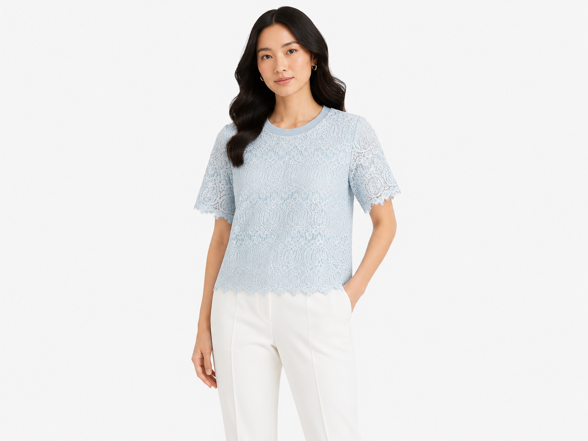 Sky blue floral lace knit top