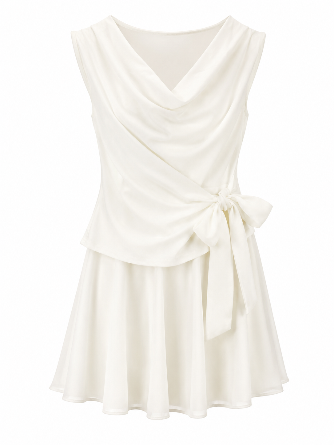 Ivory draped cowl neck top & flared midi skirt set