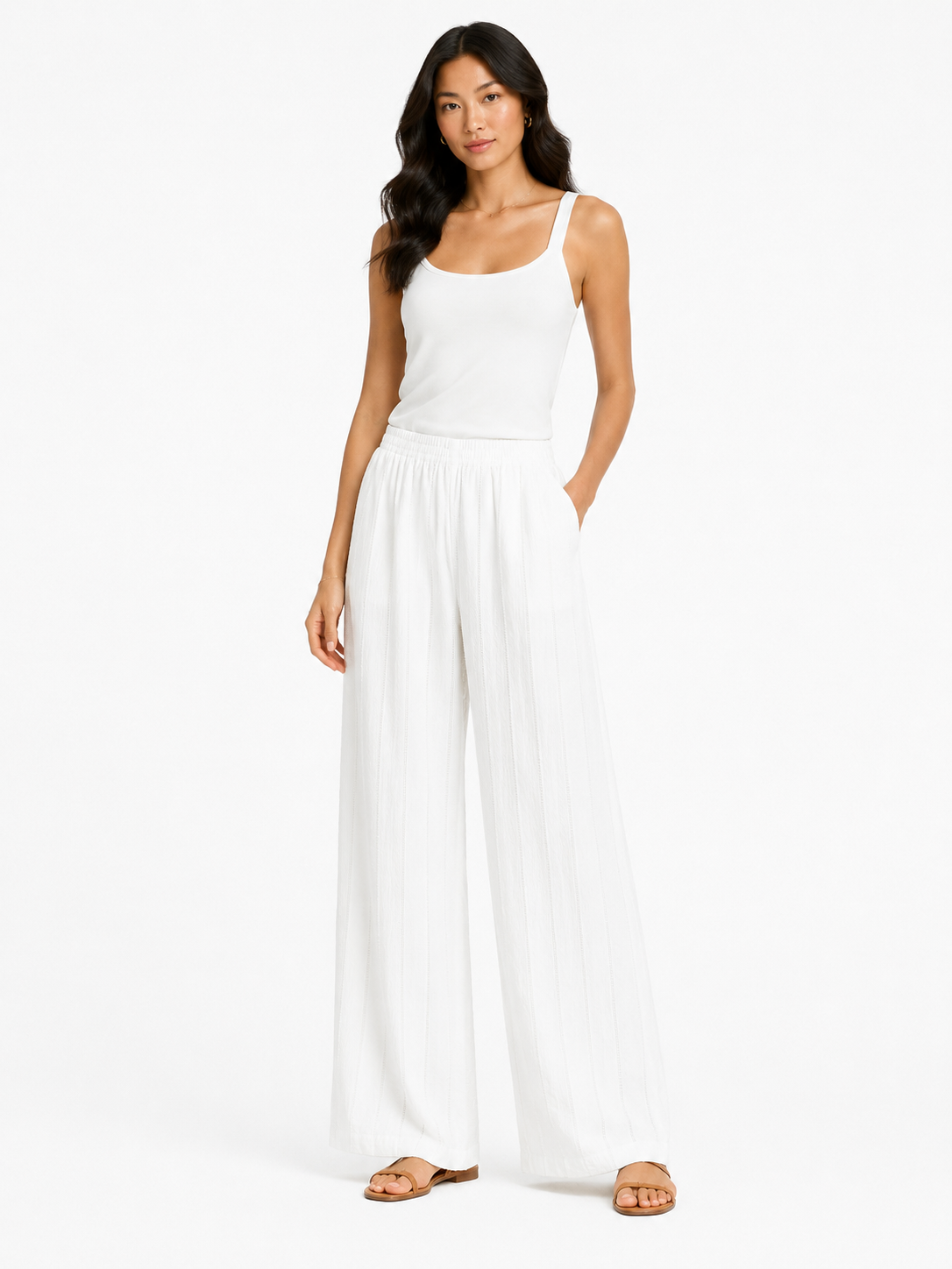 Women white textured wide-leg pants