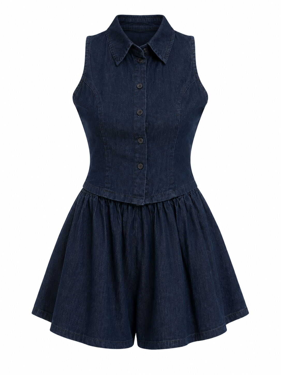 Women denim tie-front top& flared skort set