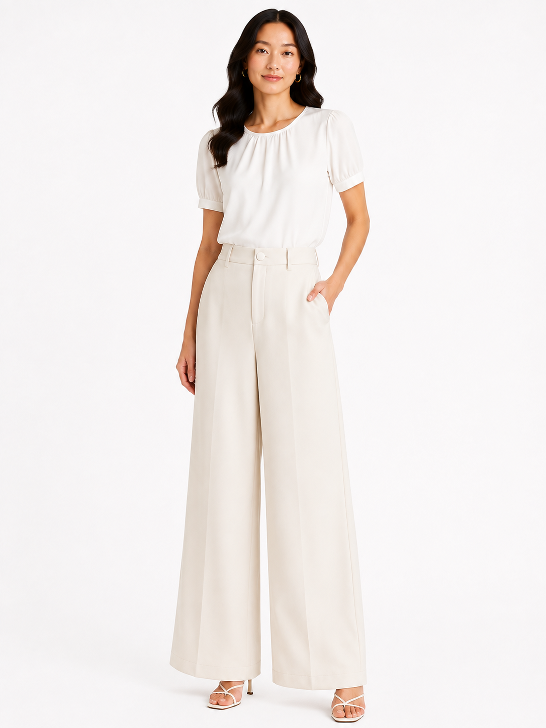 Women elegant white wide-leg trousers