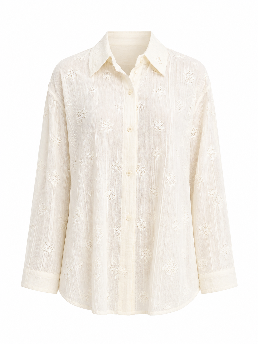 Ivory embroidered textured button-up blouse