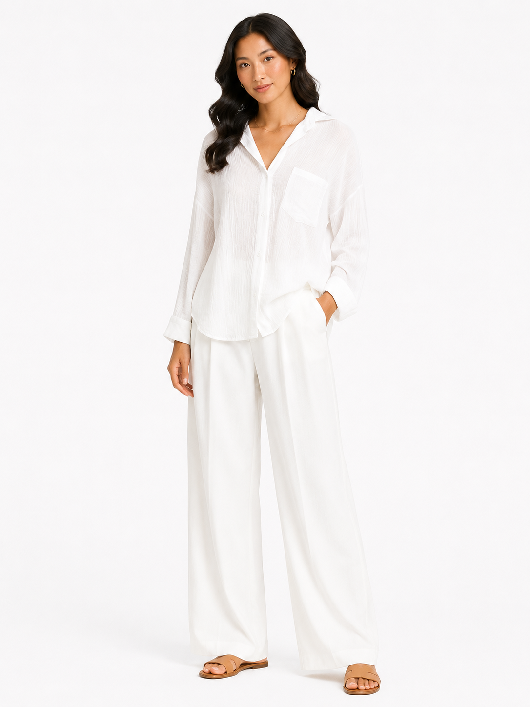 Women white textured oversized button-up shirt