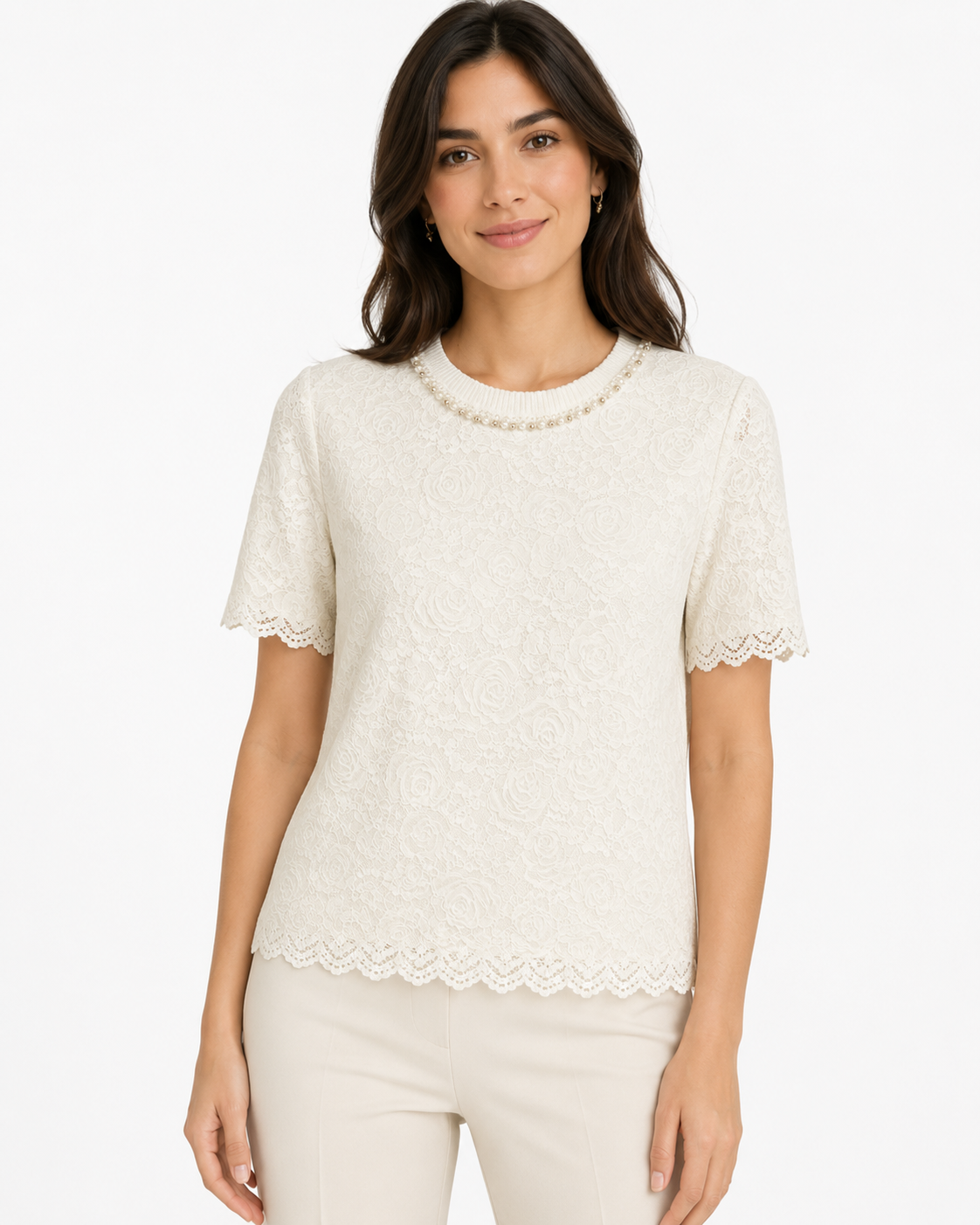 Women pearl neck lace blouse-ivory white