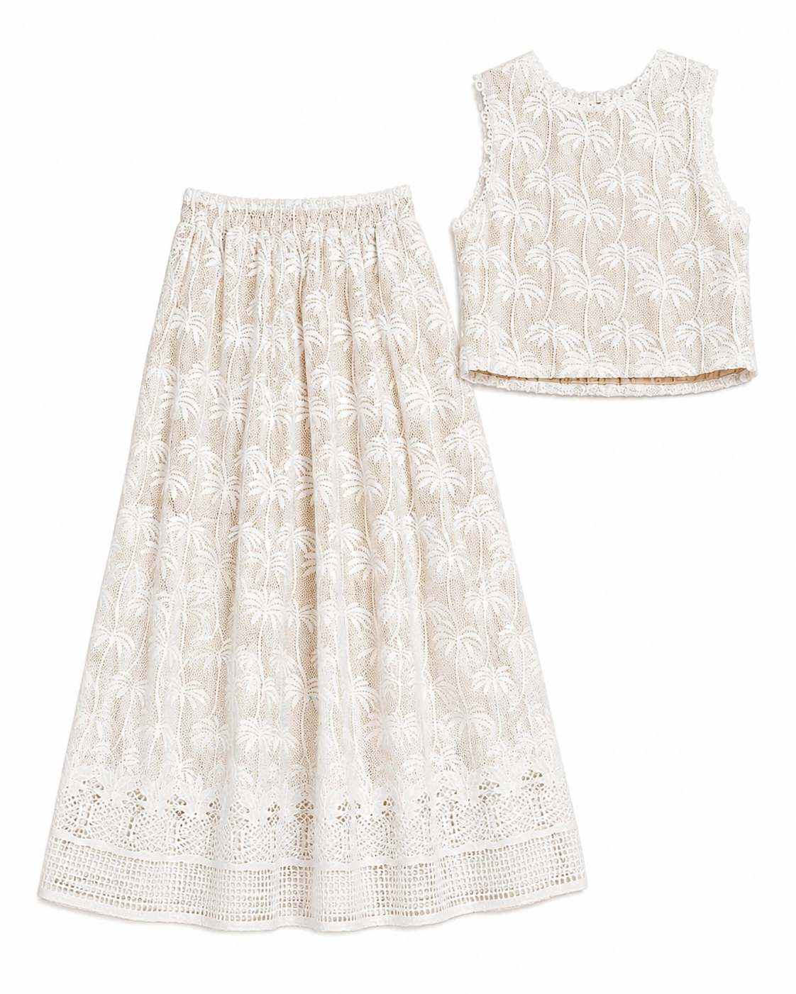 Women’s White Palm Lace Crop Top & Wide-Leg Pants Set