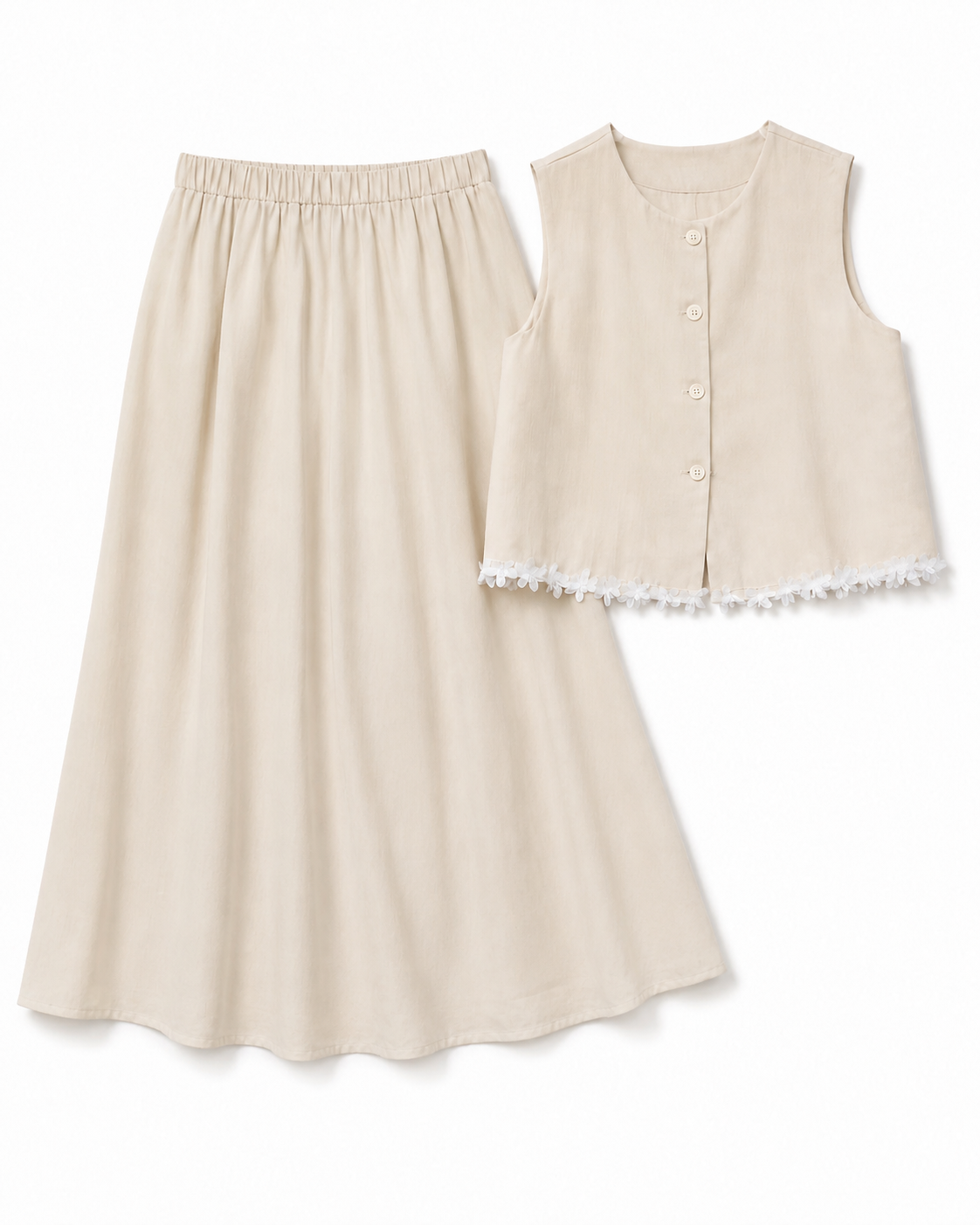 Women’s Beige Floral-Trim Vest & Wide-Leg Pants Set