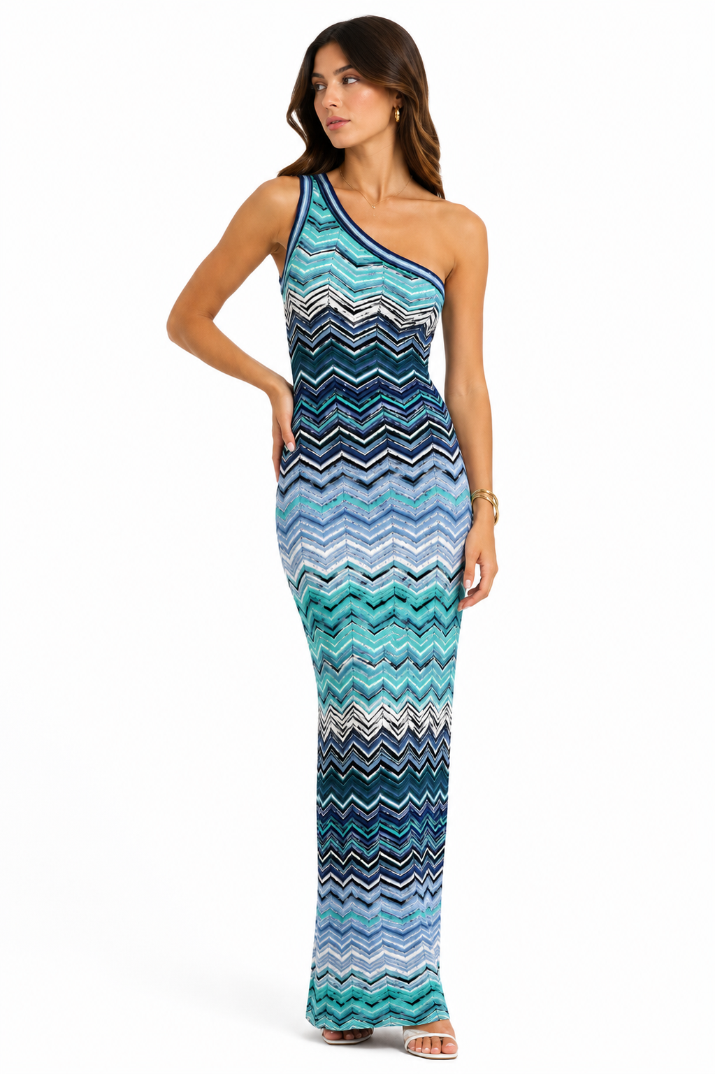 Blue chevron one-shoulder maxi dress