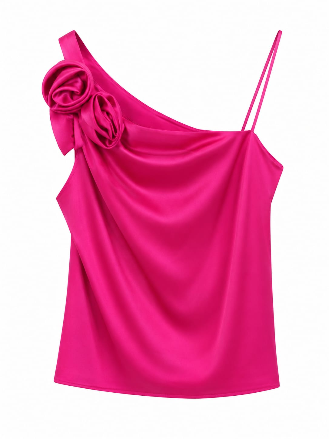 Women’s elegant fuchsia one-shoulder satin top with floral detail