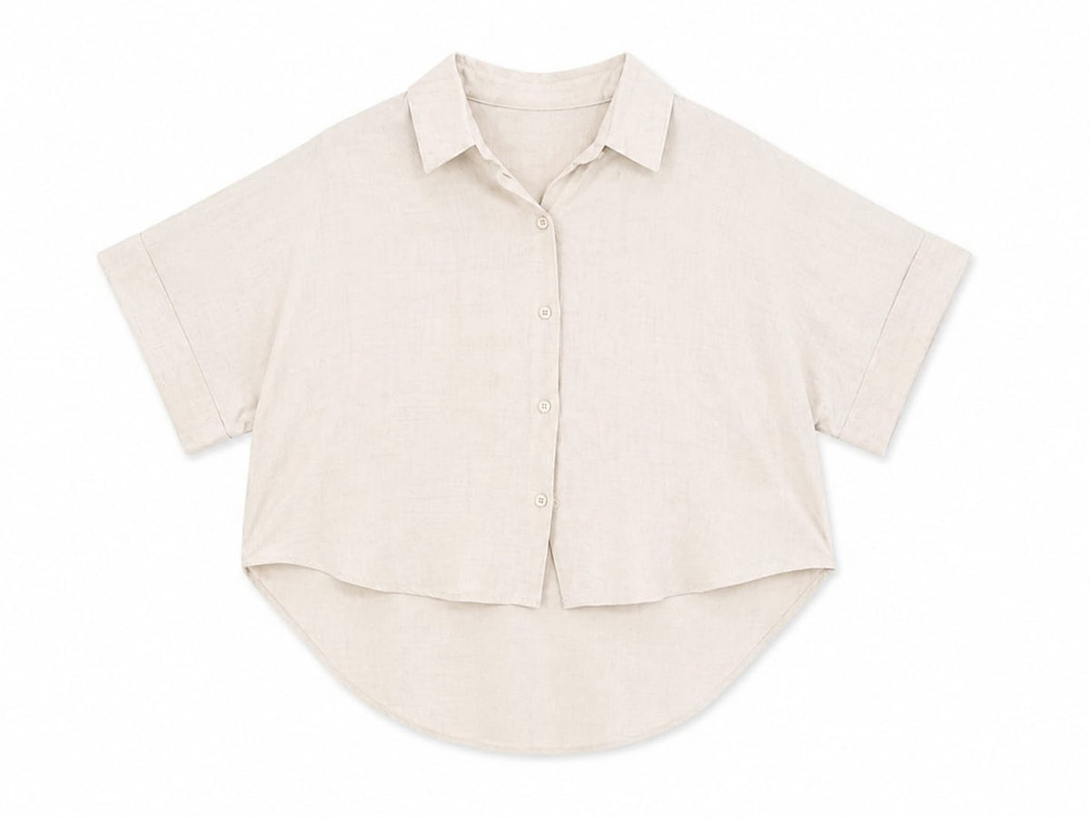 Women beige oversized short sleeve button-up shirt
