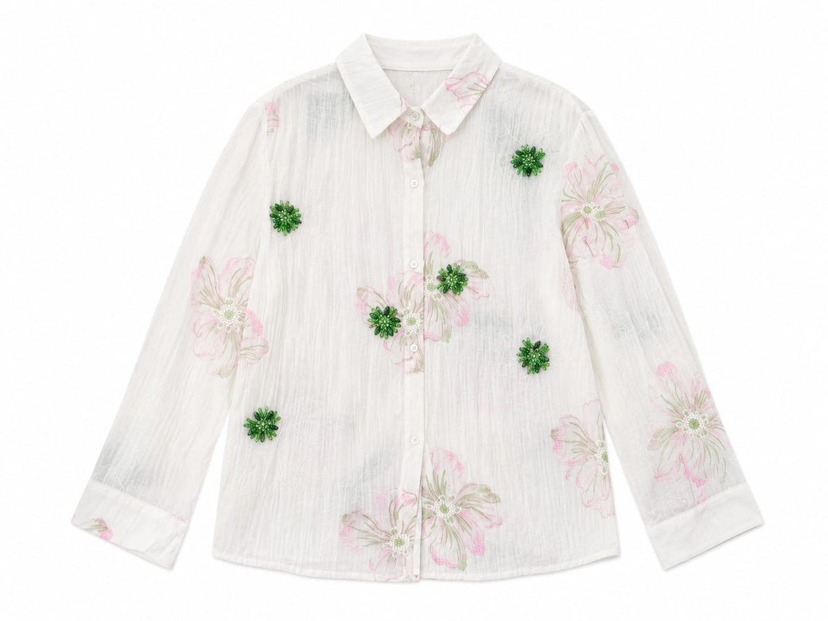Women floral embellished sheer button-up blouse