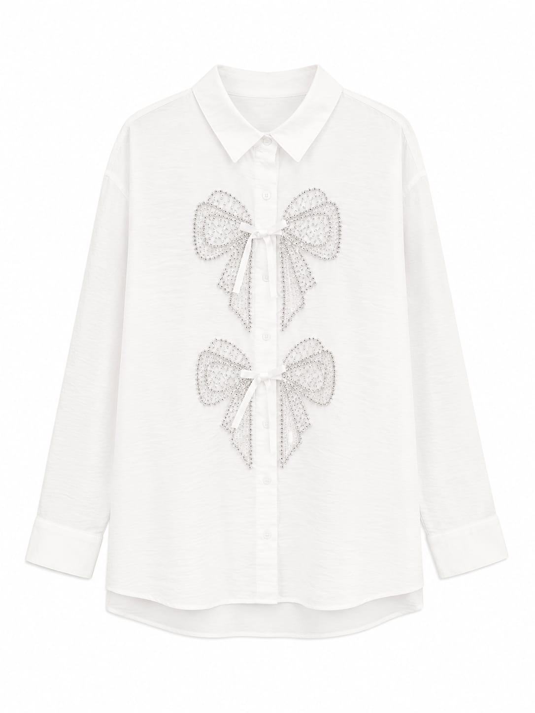 White bow embellished button-up shirt