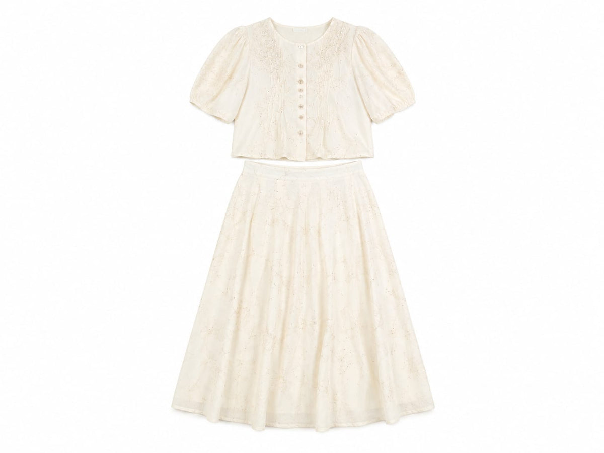 Women embroidered tow-piece skirt set-ivory