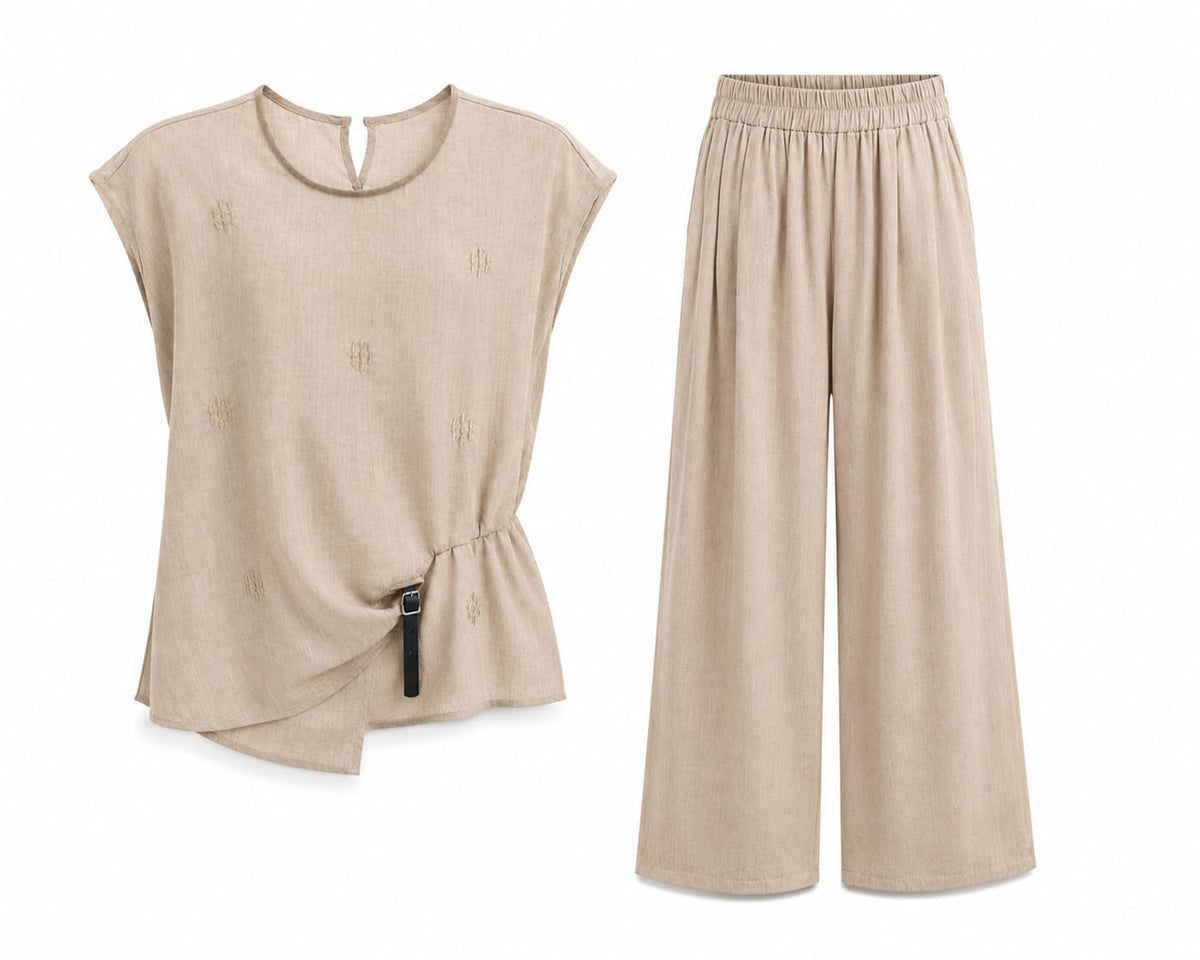 Beige embroidered linen co-ord set-sleeveless top&wide-leg pant