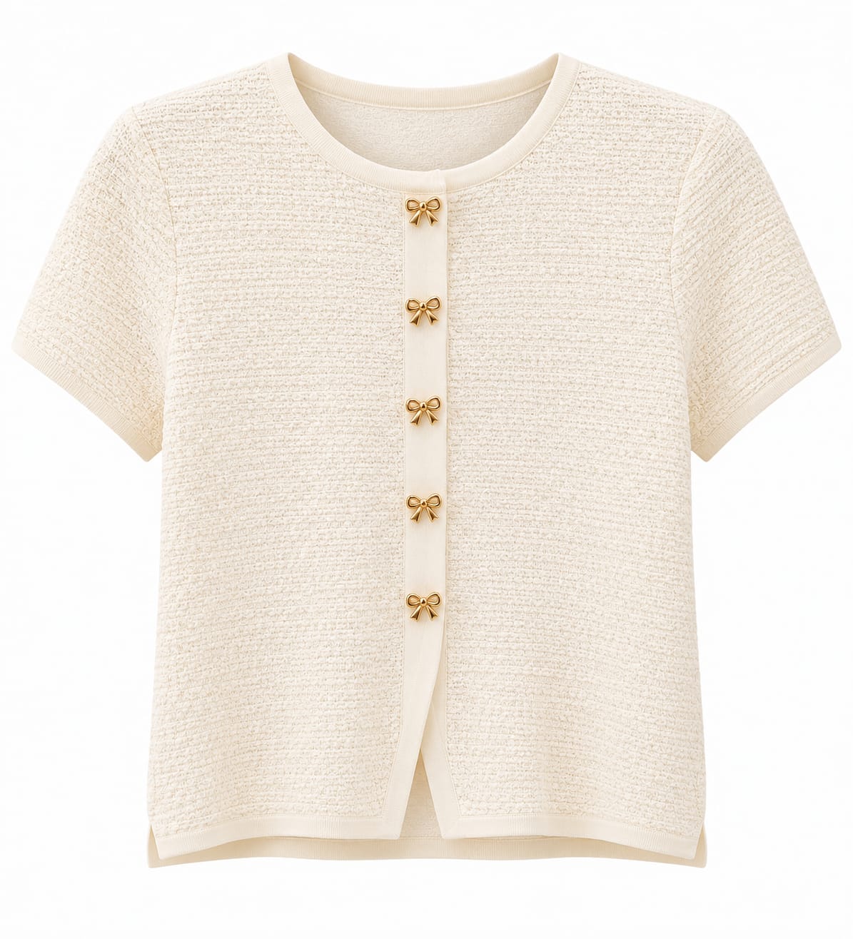 Women textured knit top with gold bow button-ivory white