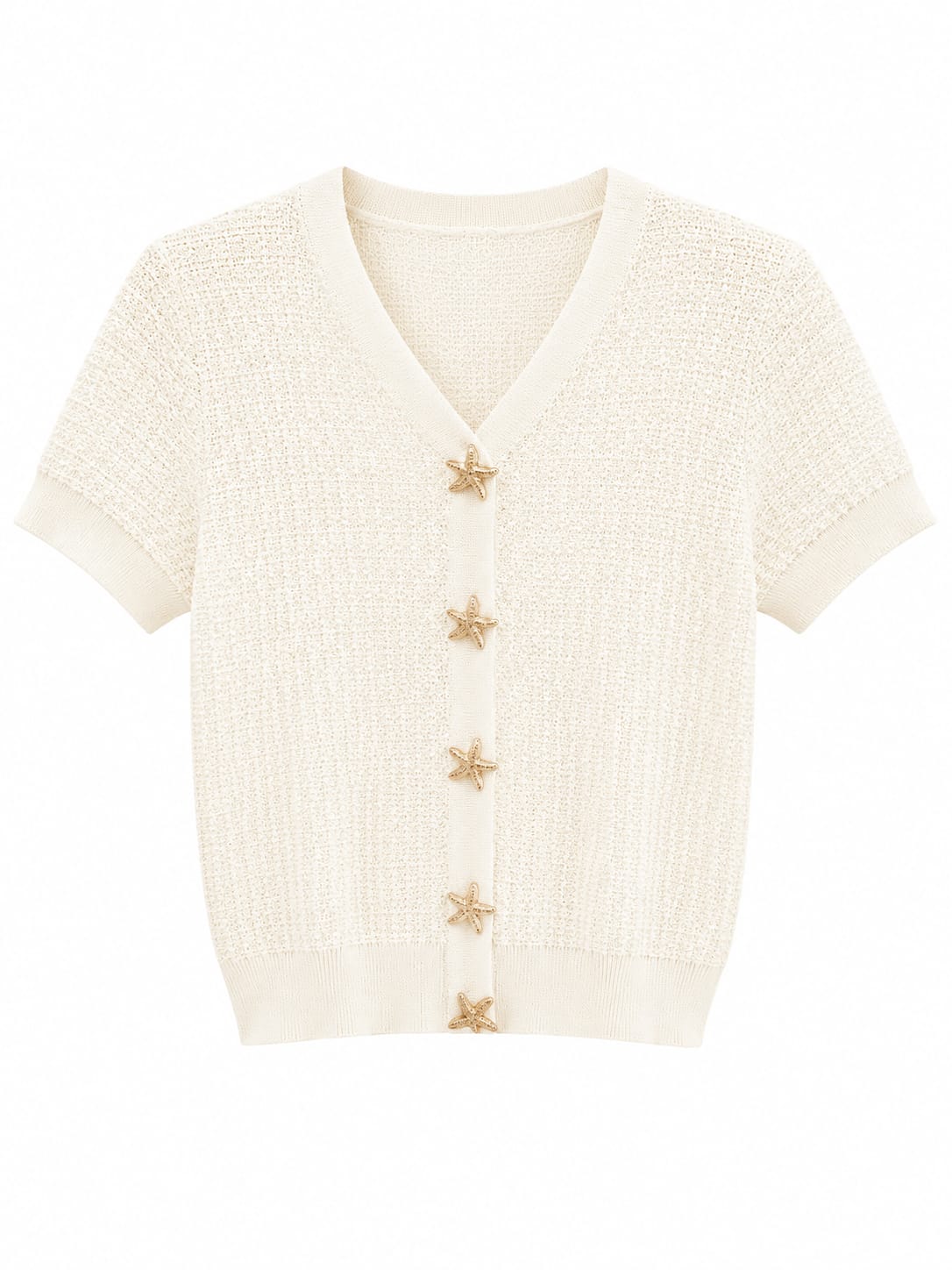 Women textured knit cardigan with starfish buttons-ivory white