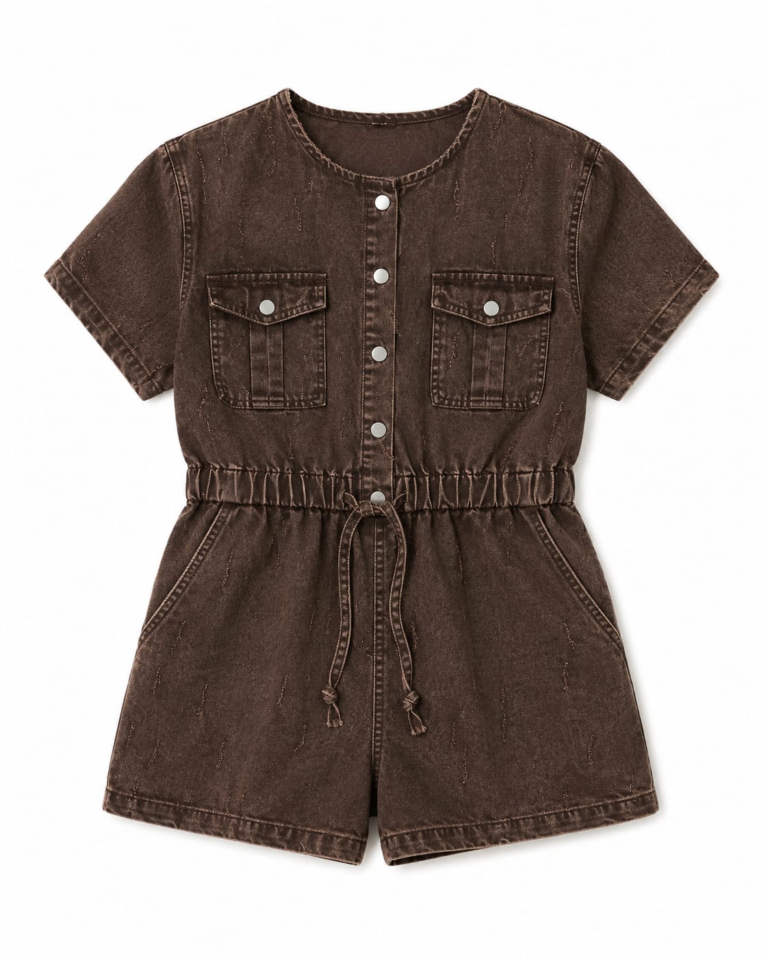 Women brown washed denim utility romper