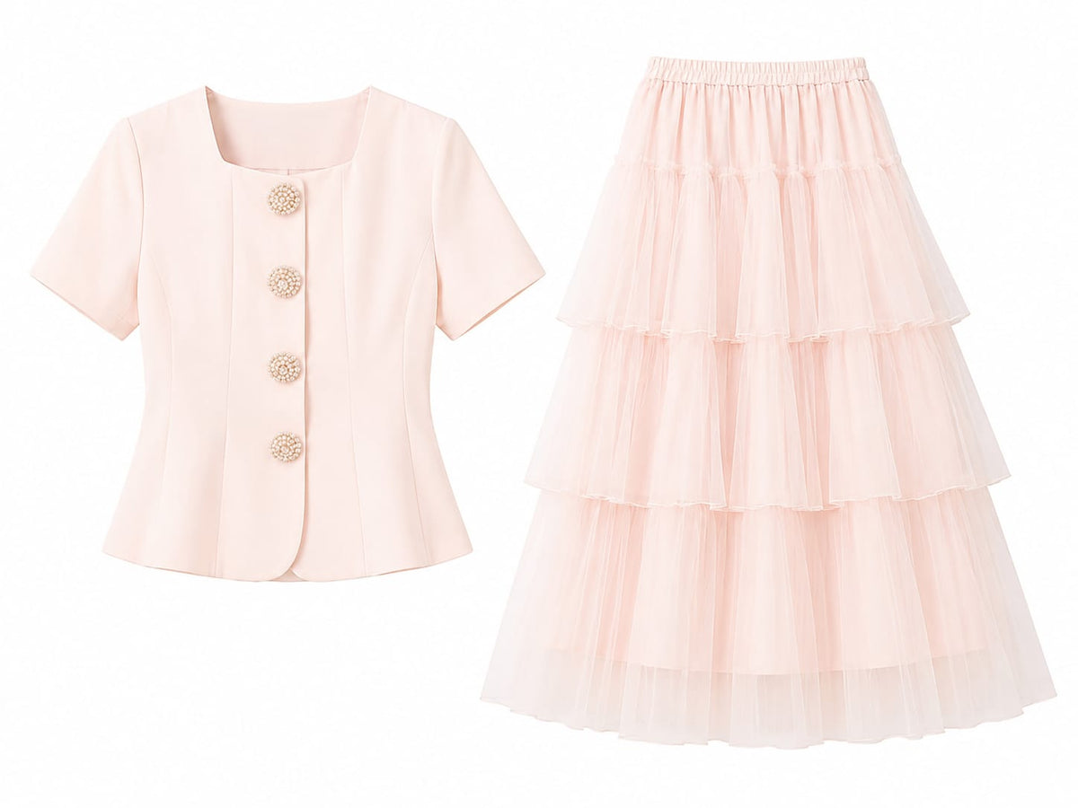 Blush pearl button top& tiered tulle skirt co-ord set