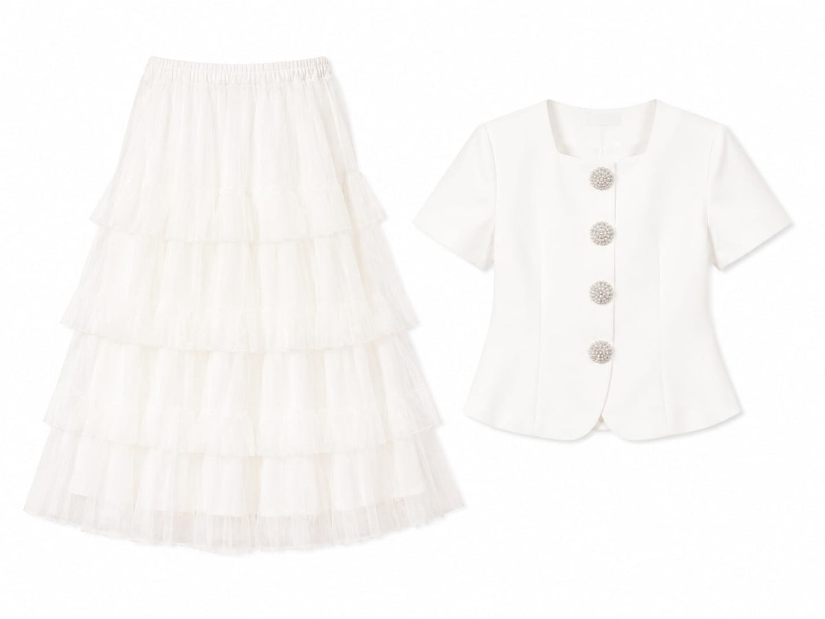 White pearl button blouse & tiered tulle skirt set
