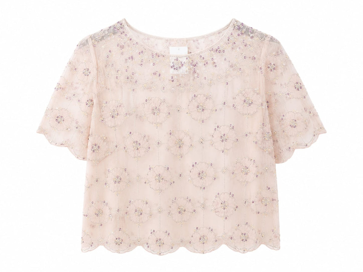 Blush floral beaded mesh top
