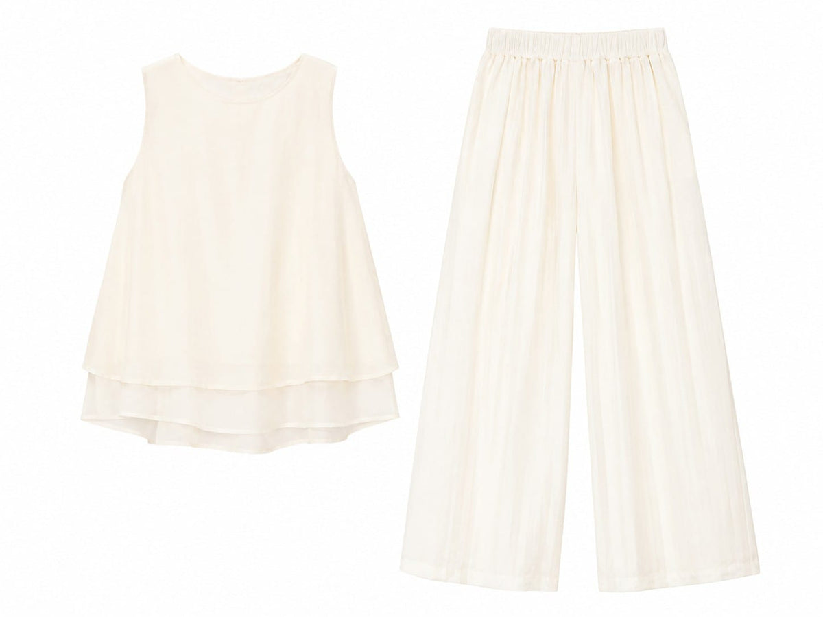 Elegant ivory sleeveless top&wide-leg pants set