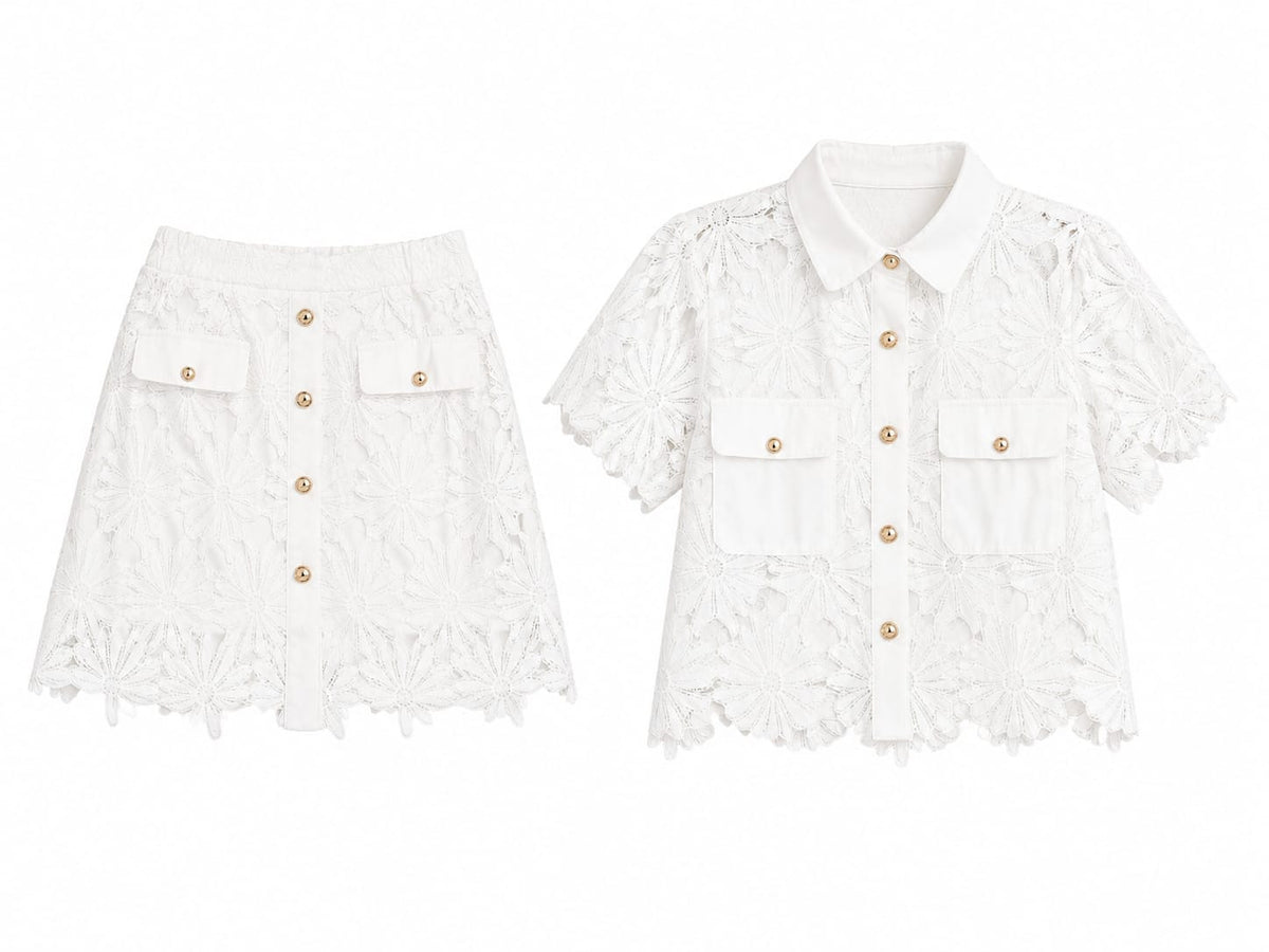Women white floral lace two-piece set
