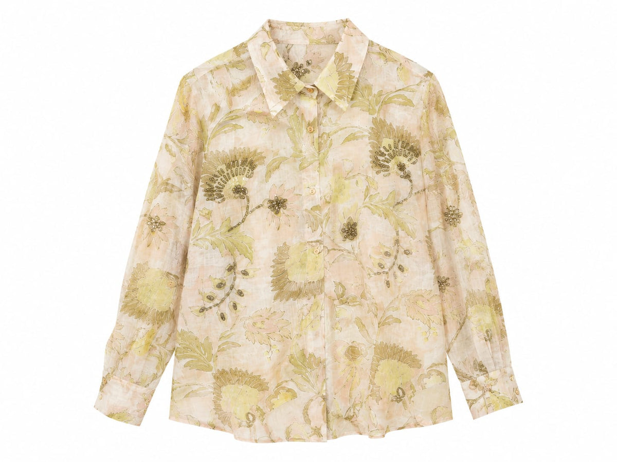 Women floral sheer button-up blouse