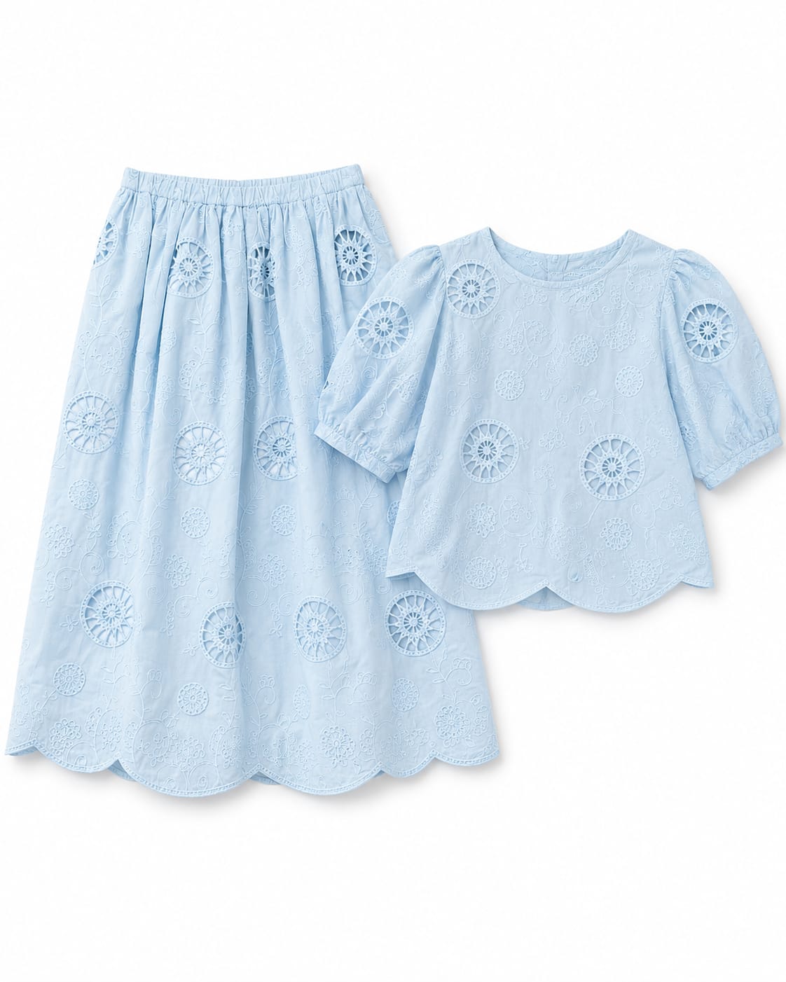 Women pastel blue embroidered two-piece skirt set