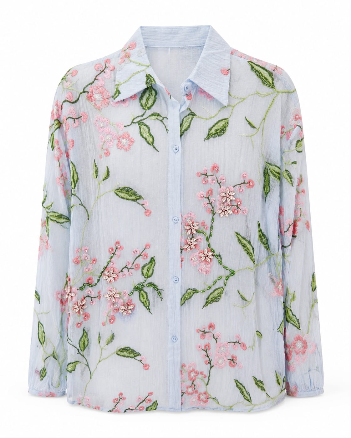 Women’s Light Blue Floral Embroidered Button-Up Blouse